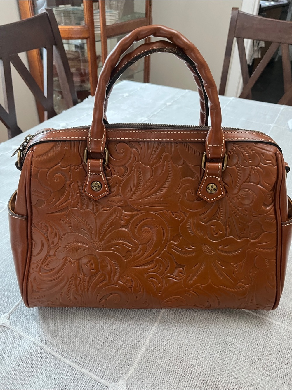 PATRICIA NASH Floral Tooled Leather Satchel in Cognac..SKYE SATCHEL